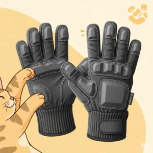 Illustration of a sturdy, reinforced pair of anti-scratch cat handling gloves, offering protection for owners during playtime or vet visits.