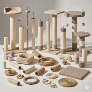 Variety of cat tree replacement parts laid out, showcasing options for common wear and tear repairs.