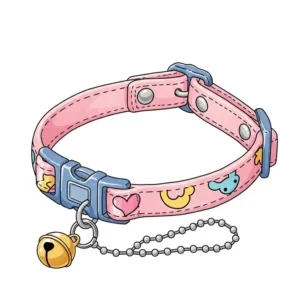 Illustration depicting a cute cat collar with a tiny, jingling bell, designed for both style and pet safety.