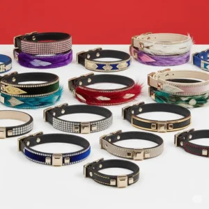An array of luxury cat collars in different sizes and stylish designs, suitable for various cat breeds and preferences.