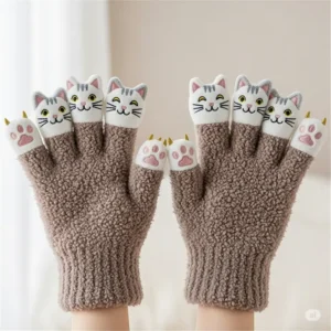 Close-up of a hand wearing a specialized cat grooming glove, gently stroking a contented tabby cat, effectively removing loose fur.