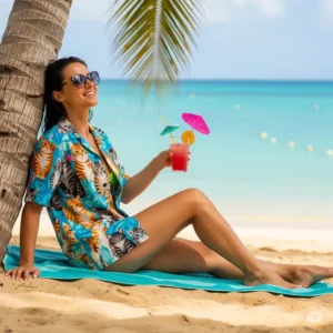 Person enjoying a beach vacation, sporting a comfortable cat Hawaiian shirt