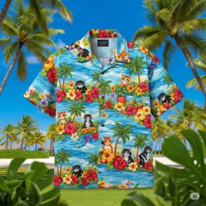 Detail shot of the classic collar and button-up design of a quality cat Hawaiian shirt