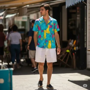 Man wearing a stylish cat Hawaiian shirt, perfect for summer casual outings
