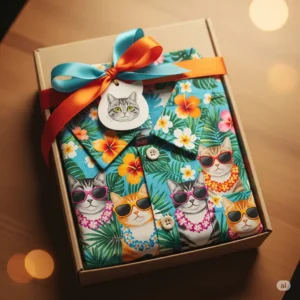 Wrapped gift box featuring a folded cat Hawaiian shirt, a unique present for cat lovers