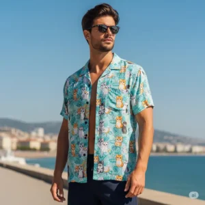 Fashionable man showcasing a relaxed fit cat Hawaiian shirt, ideal for laid-back style