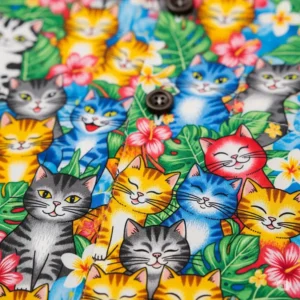Close-up of a vibrant cat Hawaiian shirt fabric pattern with playful feline designs