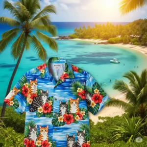 Cat Hawaiian shirt displayed against a lush tropical background, evoking a vacation feel