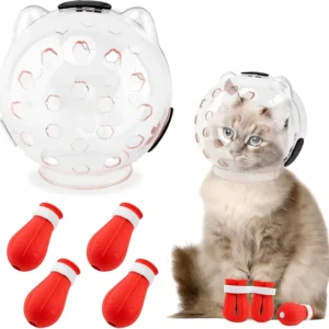 A cat care product set including a cute, transparent cat-head-shaped muzzle and four red silicone nail covers.