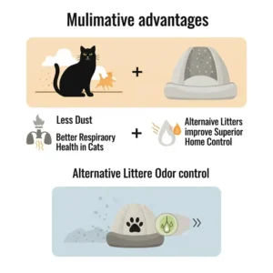 Infographic-style illustration depicting benefits of cat litter alternatives, such as less dust and better odor control, improving feline health and home air quality.