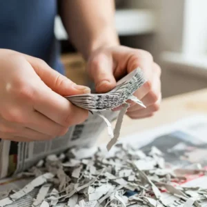 Hands preparing shredded newspaper for a DIY cat litter alternative, demonstrating a cost-effective and accessible solution.