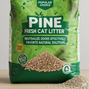 A bag of pine cat litter, emphasizing its fresh scent and effective odor neutralization as a popular natural choice.