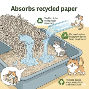 Illustration of shredded recycled paper used as cat litter, emphasizing its absorbency and environmentally friendly nature.