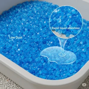 Illustration of silica gel crystal cat litter, highlighting its superior absorption and low-dust properties for a clean litter box.