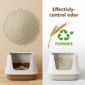 Depiction of wheat-based cat litter, focusing on its odor control and flushable convenience as an alternative to traditional clay.