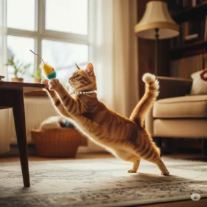An energetic cat happily playing indoors, wearing a lightweight pearl cat collar that allows free movement.