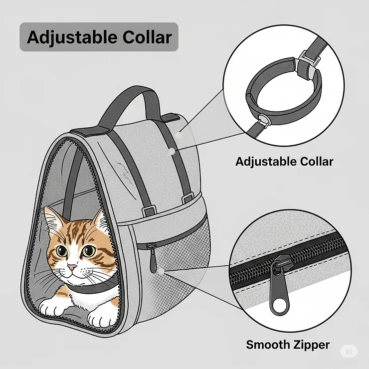 Illustration focusing on the adjustable collar and zipper features of a cat restraint bag, designed for a snug fit.