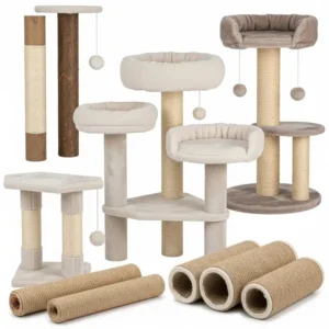 High-quality cat tree replacement parts including sisal scratching posts, platforms, and beds, ready for easy DIY repair.