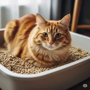 A happy cat using a litter box filled with a natural cat litter alternative, showing comfort and acceptance of eco-friendly options.