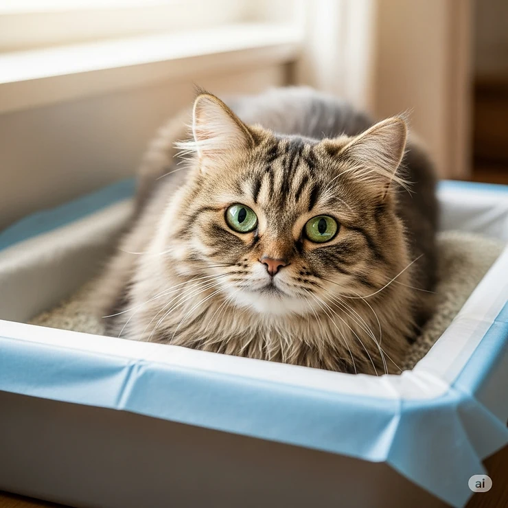  A domestic cat comfortably using a litter box that is equipped with a durable cat litter box liner.