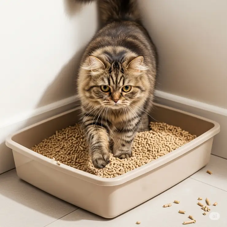 A domestic cat comfortably using a litter box filled with pine pellets, showcasing its appeal to felines.