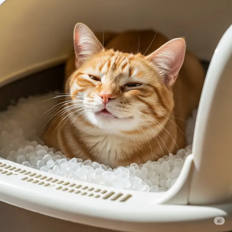 Happy cat comfortably using a litter box filled with clean silica gel cat litter, emphasizing a pleasant experience.