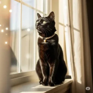 A curious cat sitting by a sunny window, showcasing their new pearl cat collar in natural light.