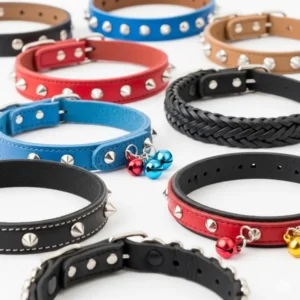 A vibrant collection of leather cat collars in various colors like red, blue, and black, demonstrating diverse style options.