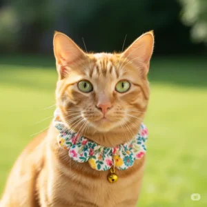 A happy orange tabby cat wearing a decorative and cute floral cat collar with a small bell, looking directly at the camera.