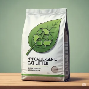 An illustration depicting a bag of hypoallergenic cat litter with an eco-friendly leaf or recycle symbol, highlighting its sustainable and biodegradable properties.