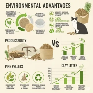 An infographic detailing the environmental benefits of using pine pellets as cat litter, including biodegradability and sustainability.