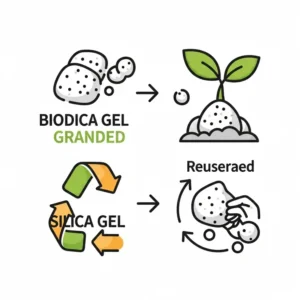 Iconography representing the eco-friendly aspects of silica gel cat litter, such as biodegradability or reusability (if applicable to the specific product).
