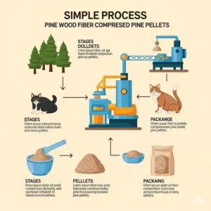 An infographic illustrating the simple process of manufacturing pine pellets for cat litter from compressed wood fibers.