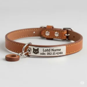 A personalized leather cat collar featuring an engraved ID tag for pet safety and easy identification.