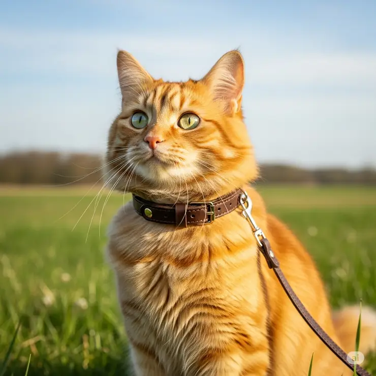 A cute cat wearing a matching leather cat collar and leash set, ideal for supervised outdoor adventures.