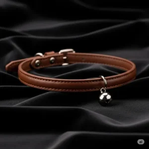 A sleek, brown leather cat collar with a small silver bell, displayed on a plush, dark fabric, ready for a stylish feline.
