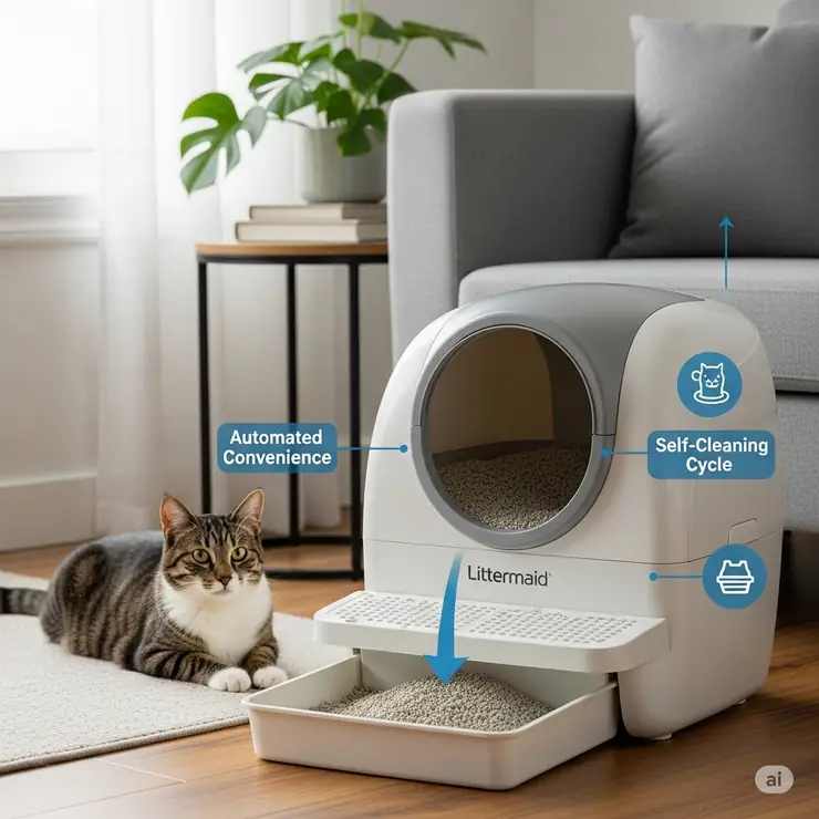 Littermaid automatic litter box with fresh cat litter, highlighting automated convenience.