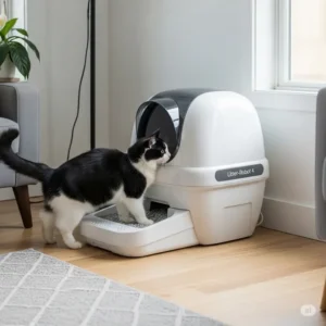 Litter-Robot 4 automatic self-cleaning litter box with a cat entering, showing convenience for cat owners.