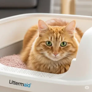 Happy cat using a clean litter box filled with Littermaid cat litter, indicating pet comfort.