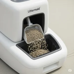 Close-up of Littermaid cat litter being scooped into a waste receptacle, highlighting ease of cleanup.