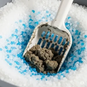 Visual representation of a scoop in a litter box, indicating extended use of silica gel cat litter due to its high absorbency and longevity.