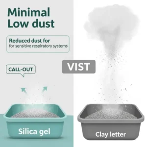 Graphic showing minimal dust particles rising from silica gel cat litter, highlighting its low-dust benefit for respiratory health.
