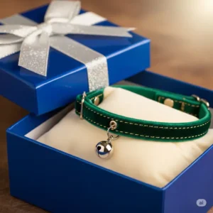 A beautiful gift box containing a luxury cat collar, suggesting it as an ideal premium accessory or present for cat owners.