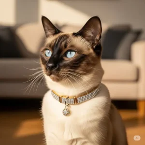 A beautiful cat wearing a sparkling, high-quality luxury cat collar with a small charm, showcasing comfort and style.