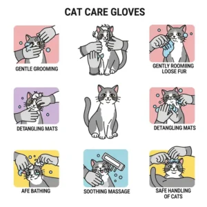 Infographic-style illustration highlighting the multi-purpose uses of cat care gloves, from grooming to bathing and handling.