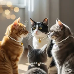 A charming group of cats each wearing a unique pearl cat collar, highlighting their individuality and style.