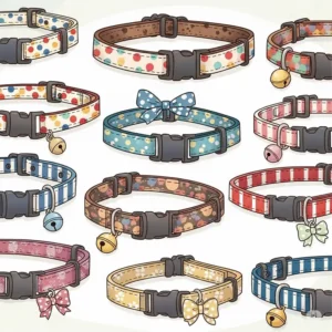 Vibrant illustration of various cute cat collars featuring fun patterns like polka dots and stripes.