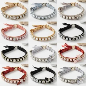 A collection of stylish pearl cat collars in various colors and designs, perfect for any feline friend.