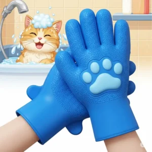 Illustration showing a pair of waterproof cat bathing gloves, ideal for keeping hands dry and providing a good grip while washing pets.