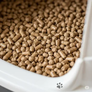 Close-up of natural pine pellets in a cat litter box, illustrating an eco-friendly and absorbent alternative to traditional cat litter.